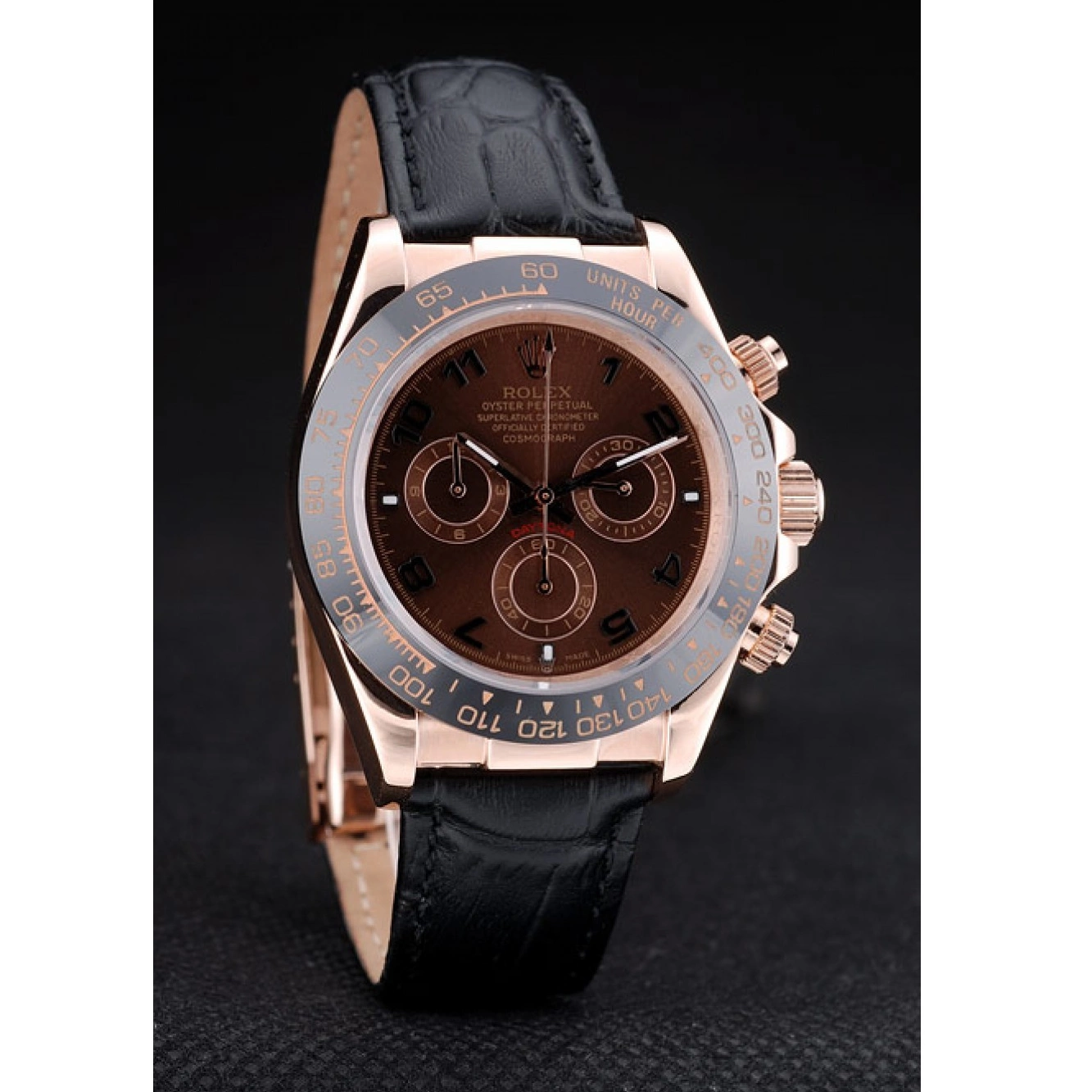 MiroTime 0811 Rolex Daytona Black Ceramic Bezel Brown Dial Black Leather Strap 41975